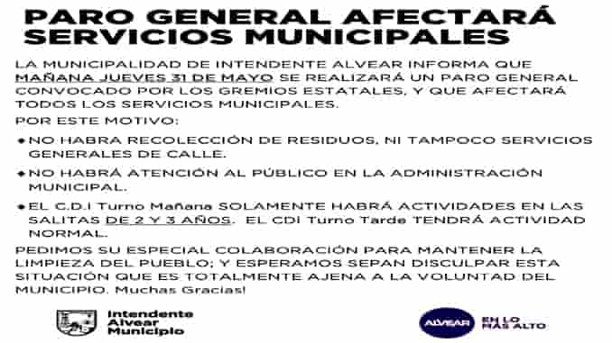 Paro General en Intendente Alvear, afectará a todos los servicios
